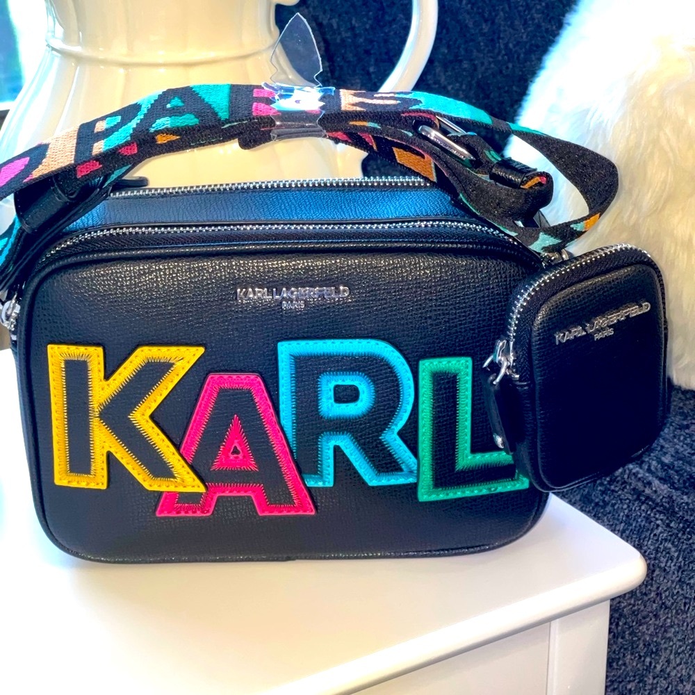 Karl Lagerfeld Black Crossbody Bag with Multicolor Letters